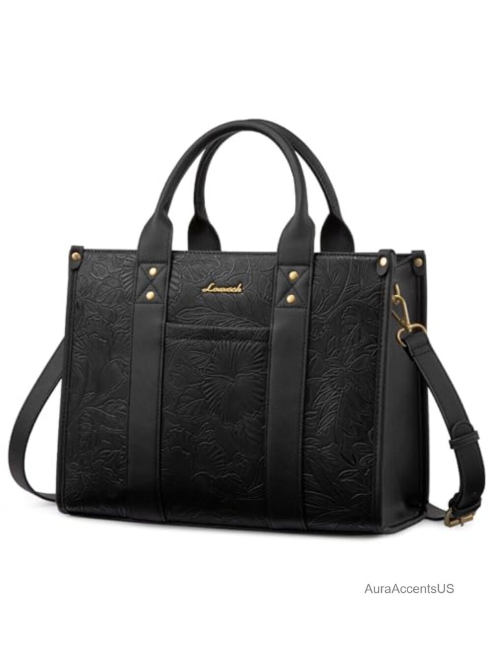 Embossed Leather Satchel Tote Bag with Zipper, Fits 13" Laptop, Adjustable Strap